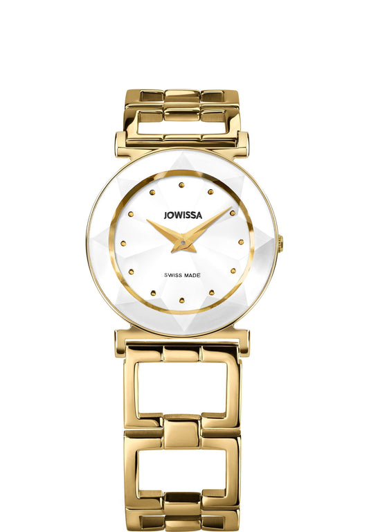 Gold facet watch for ladies - with gold strap and white dial with gold details - all swiss made watch for women