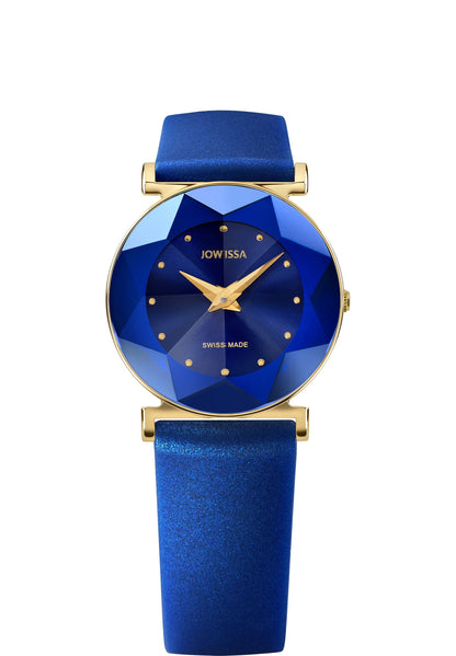 Blue watch for women with blue strap and glitter - has blue dial with gold details - all swiss made watch for ladies