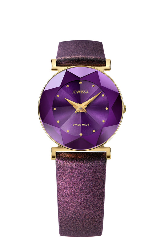 Purple facet watch for women - swiss watch for girls with purple strap and glitter and purple dial with gold details - all swiss made