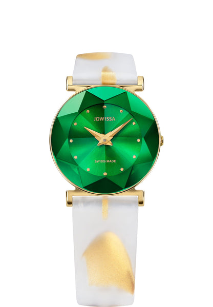 White watch with gold details on the leather strap - white swiss watch with green dial - made for ladies