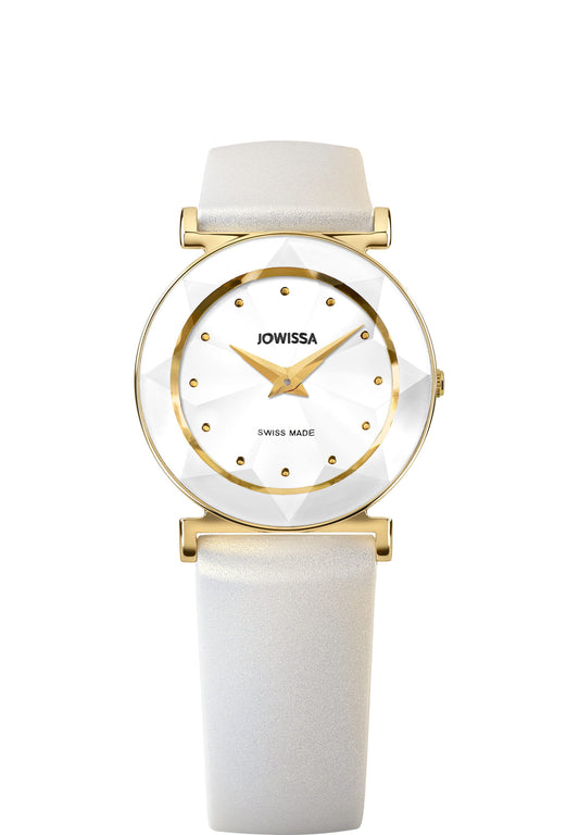 White facet watch for women and girls - swiss watch with white strap and white dial with gold details - all swiss made