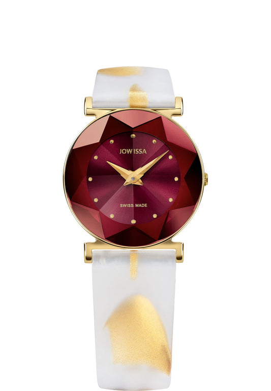 Facet swiss watch for ladies - with white strap and gold details on it - has a red front dial - all swiss made watch