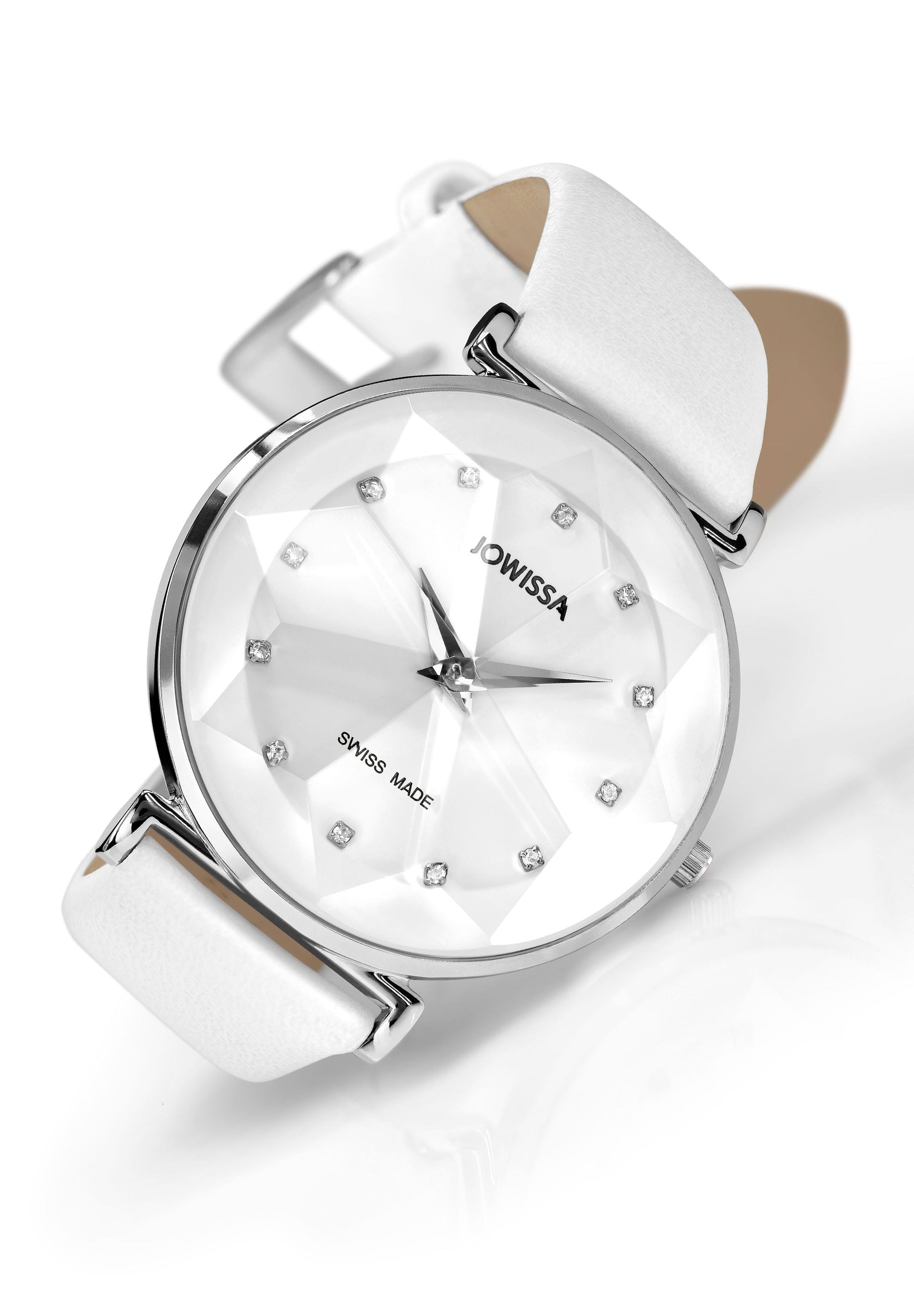 White swiss watch for women - with white leather strap and silver details in the front - all swiss made