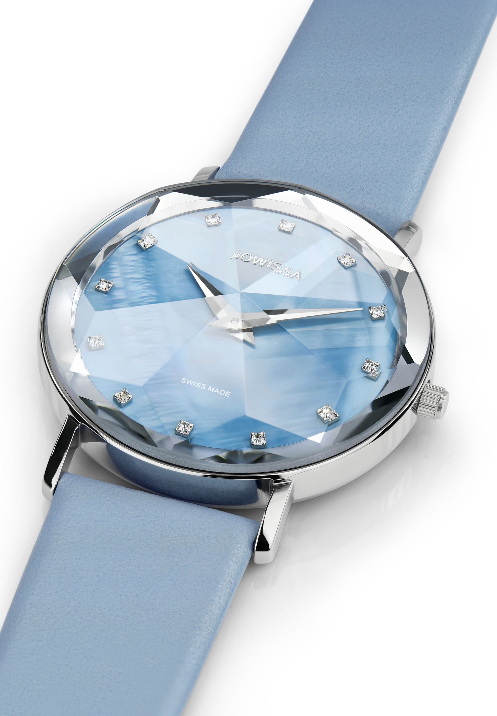 Front view of the dial of Swiss watch - with leather strap blue and blue dial - all swiss made for ladies