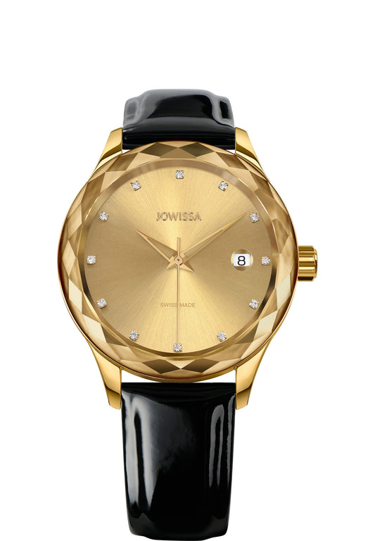 Black Swiss watch combines a gold-plated stainless steel case with a black sunray dial, featuring 12 rhinestone hour markers. Powered by a reliable Ronda Swiss quartz movement, it includes a date window and a diamond-cut bezel. The genuine patent leather strap adds a touch of elegance, with water resistance up to 5 ATM and interchangeable band functionality for convenience.