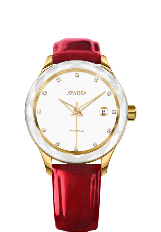 The J6.233.M Swiss-made watch features a gold-plated stainless steel case, white sunray dial with rhinestone hour markers, and a red patent leather strap. Powered by a Ronda Swiss quartz movement with a date window and diamond-cut bezel, it offers 5 ATM water resistance.