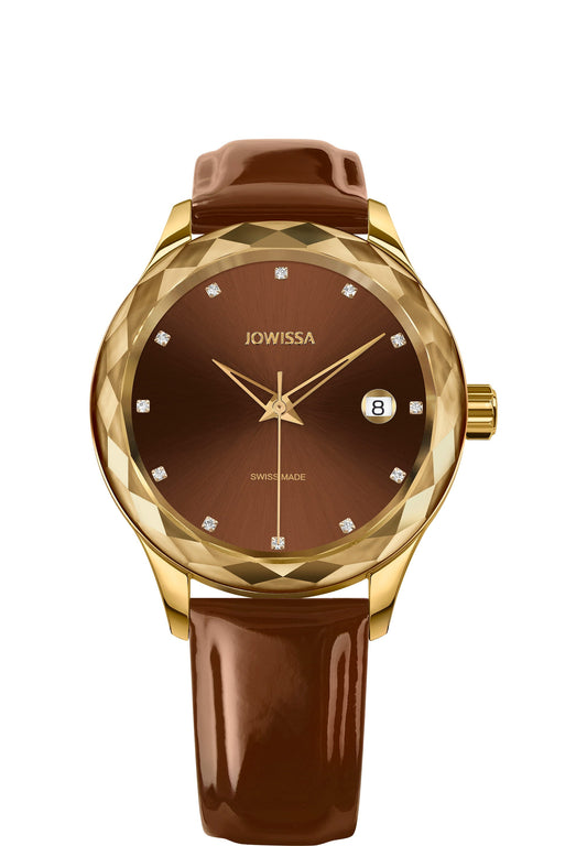 J6.234.M  Brown Swiss Watch –  with a gold-plated stainless steel case and a glossy sunray dial, marked by 12  rhinestones. The watch features triangular, hollow Dauphine-style hands and a diamond-cut bezel for a refined look. Its genuine patent leather strap in brown complements the gold case