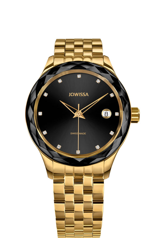 J6.236.M Swiss Watch – This  women’s watch features a gold-plated stainless steel case paired with a stunning black sunray dial, highlighted by 12 sparkling rhinestones as hour markers. With 5 ATM water resistance, it’s shower-proof - all swiss made