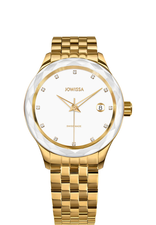 Gold watch on a white background - luxurious gold watch - has a calendar window - white details -  with a gold-plated stainless steel case and a radiant white sunray dial, accented with 12 sparkling rhinestones as hour markers.