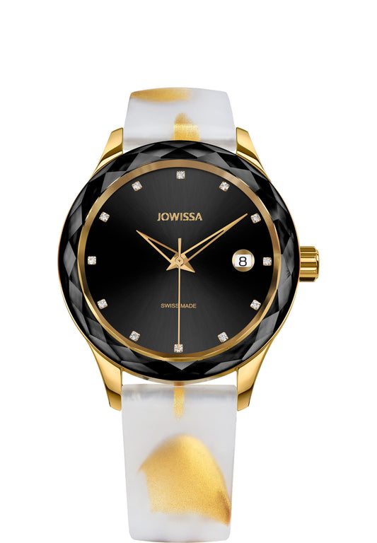 J6.243.M Jowissa Tiro 38mm, Swiss Made Ladies Watch gold / black, Steel Case and Silicone Strap Front View - Swiss Made Damenuhren, gold / black, Stahlgehäuse und Armband aus Silikon, Vorderseite - Swiss made Montre, or / noire, boîtier en acier et bracelet en silicone, Vue de face - Fabbricato in Svizzera, Orologio da donna, oro, cassa in acciaio e cinturino in vera silicone, vista frontale - Elaborado en Suiza, reloj de señoras, oro, caja de acero y correa de silicon