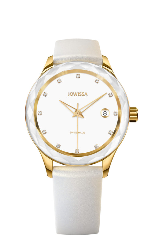 J6.246.M Jowissa Tiro 38mm, Swiss Made Ladies Watch gold / white, Steel Case and Silicone Strap Front View - Swiss Made Damenuhren, gold / white, Stahlgehäuse und Armband aus Silikon, Vorderseite - Swiss made Montre, or / blanc, boîtier en acier et bracelet en silicone, Vue de face - Fabbricato in Svizzera, Orologio da donna, oro, cassa in acciaio e cinturino in vera silicone, vista frontale - Elaborado en Suiza, reloj de señoras, oro, caja de acero y correa de silicon