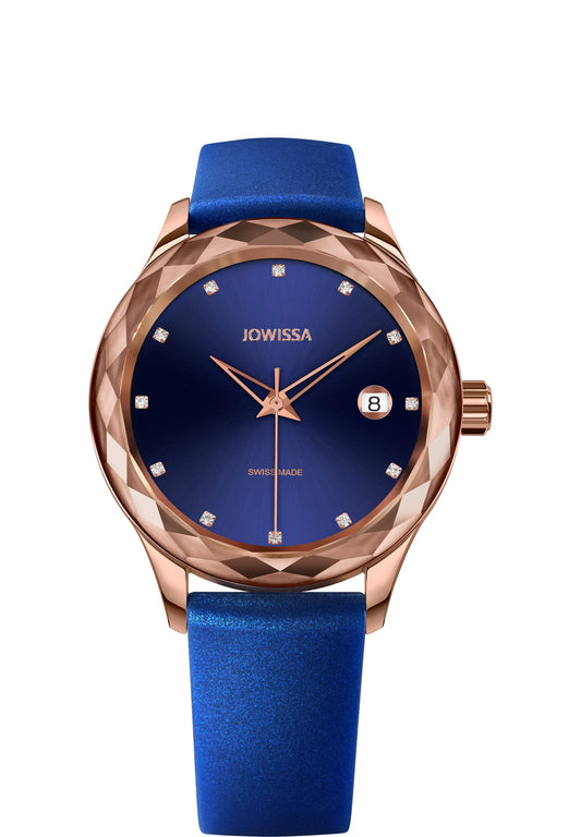 J6.247.M Jowissa Tiro 38mm, Swiss Made Ladies Watch roségold / blue, Steel Case and Silicone Strap Front View - Swiss Made Damenuhren, rose gold / blue, Stahlgehäuse und Armband aus Silikon, Vorderseite - Swiss made Montre, or / bleu, boîtier en acier et bracelet en silicone, Vue de face