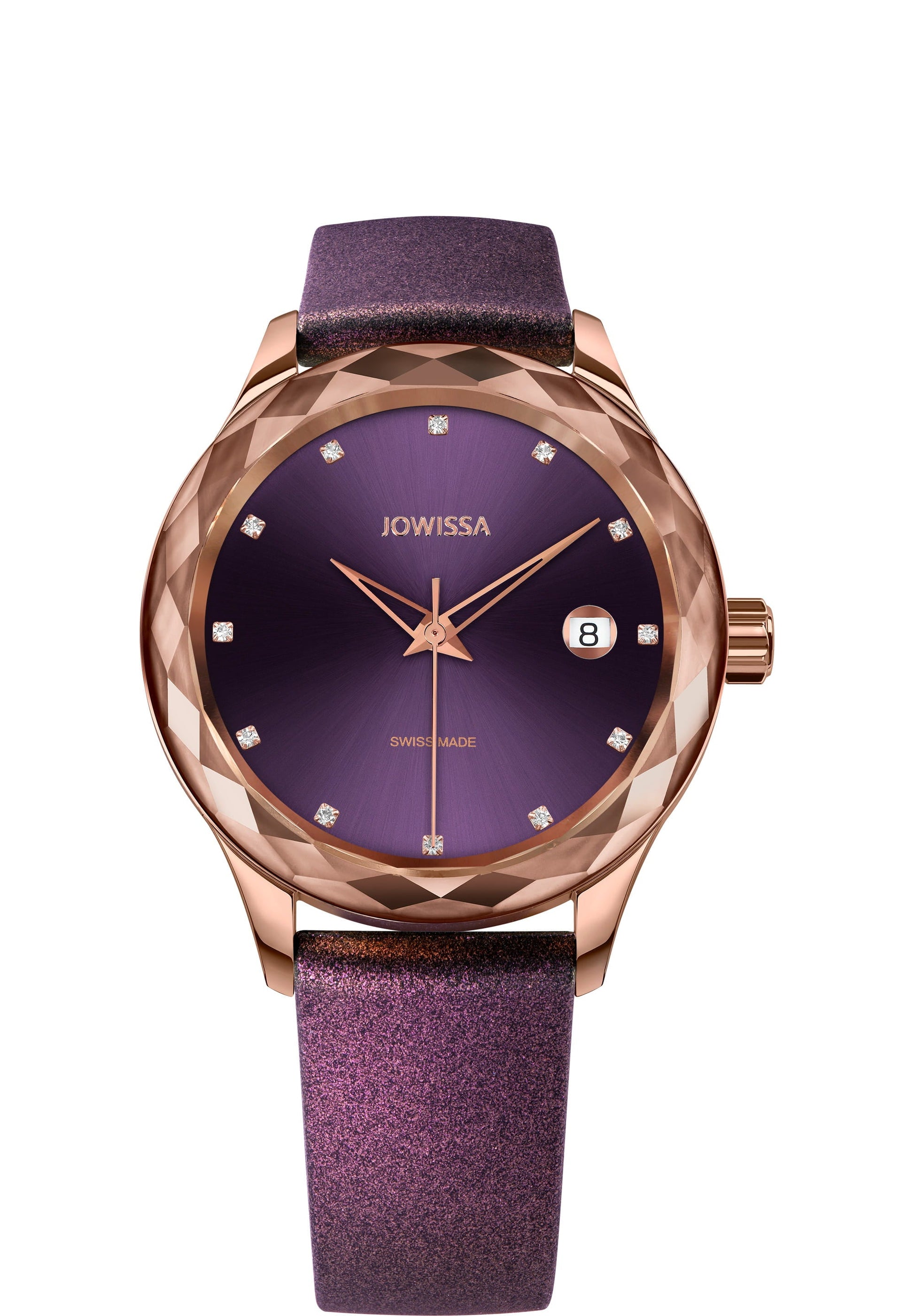 J6.248.M Jowissa Tiro 38mm, Swiss Made Ladies Watch roségold / violett, Steel Case and Silicone Strap Front View - Swiss Made Damenuhren, rose gold / purple, Stahlgehäuse und Armband aus Silikon, Vorderseite - Swiss made Montre, or / violet, boîtier en acier et bracelet en silicone, Vue de face