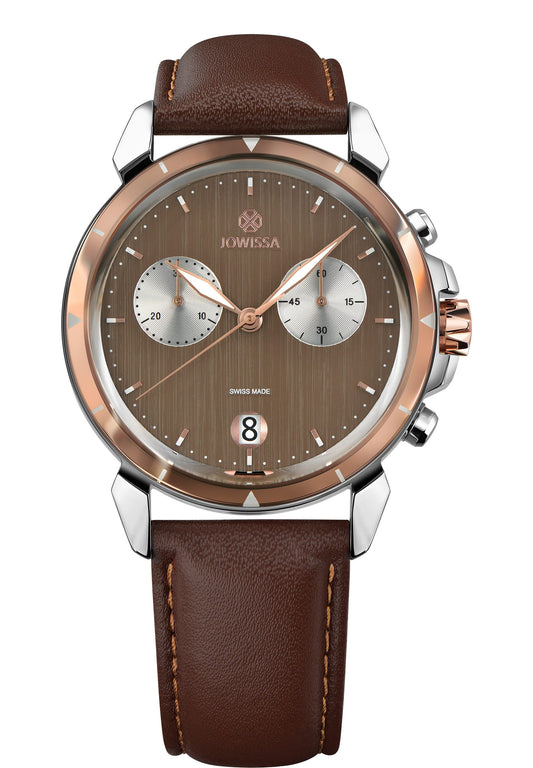 brown swiss watch made for men - has a brown leather strap and brown dial with silver and gold details - all swiss made