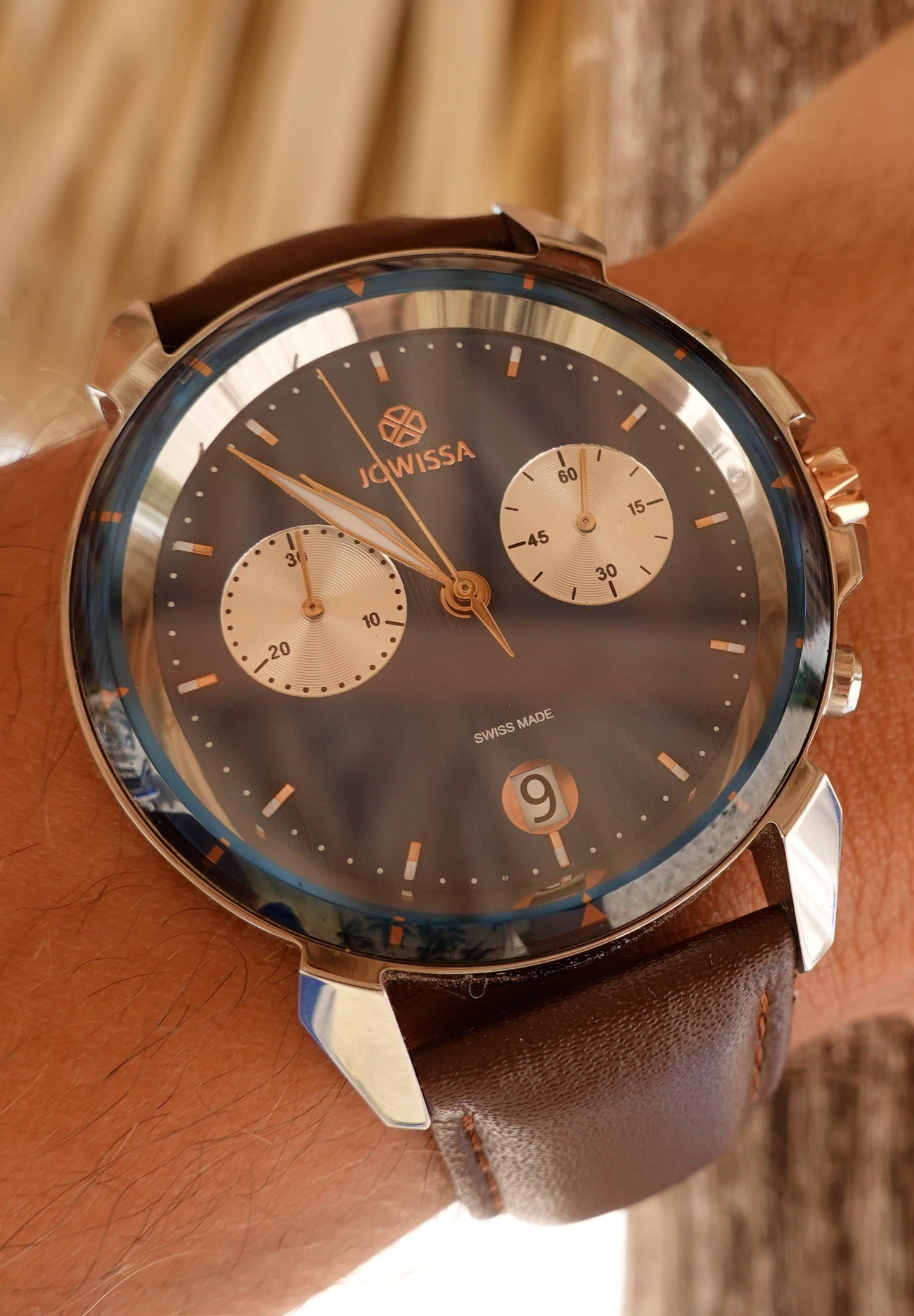 Brown watch for gentlemen - brown leather strap and blue dial with gold details - all swiss made