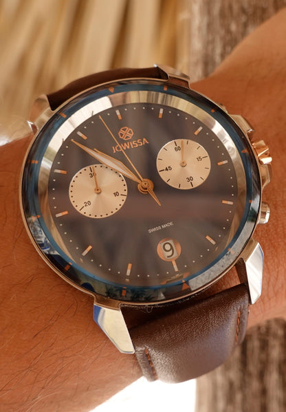 Brown watch for gentlemen - brown leather strap and blue dial with gold details - all swiss made