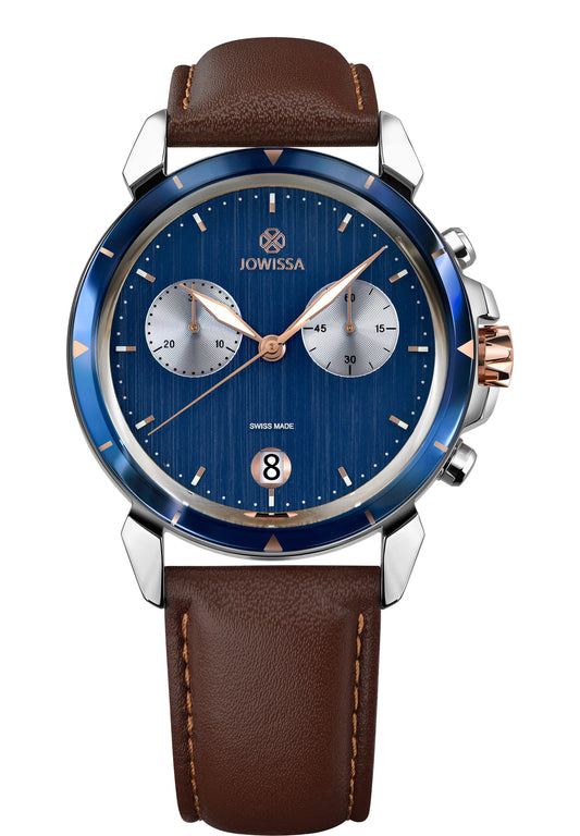 Lewy 6 watch for men with brown strap leather and blue dial with silver and gold details - all swiss mae