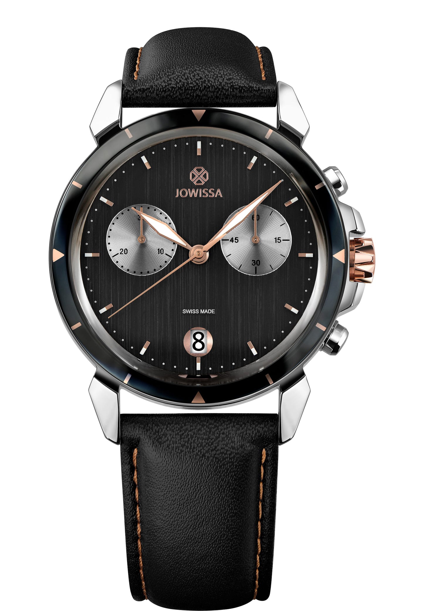 Black swiss watch for men - with black leather strap and black dial - the watch has gold details - all swiss made