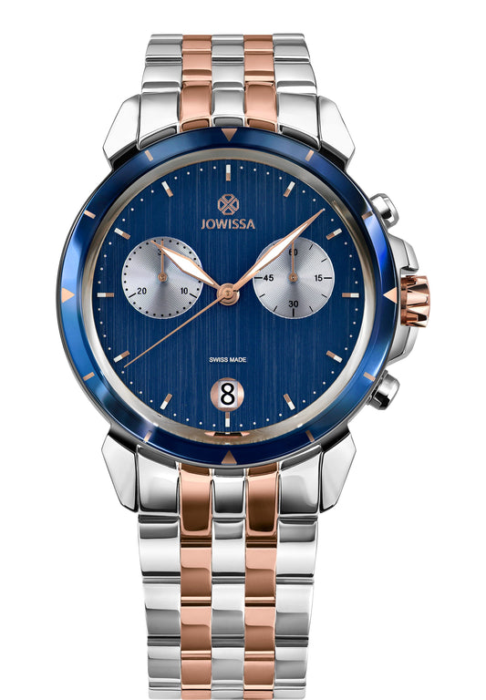 Lewy 6 watch made for men - has gold and silver details on the strap and blue dial - all swiss made watch for men