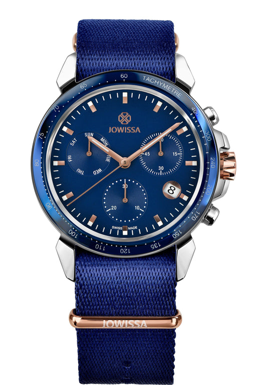 Blue swiss watch for men - with blue strap and blue dial - the watch has silver details in the front - all swiss made