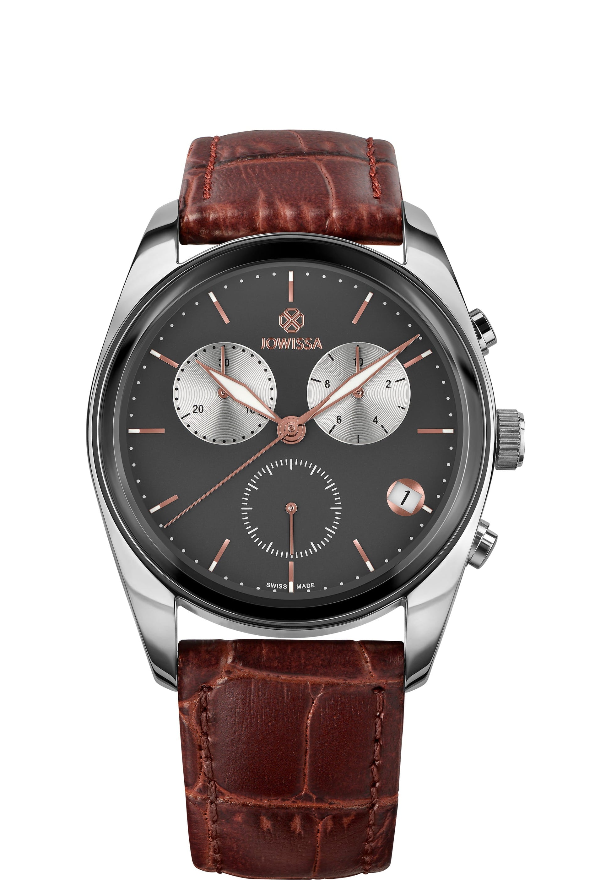 Brown swiss watch for men - has brown leather strap and black dial - all swiss made watch for men