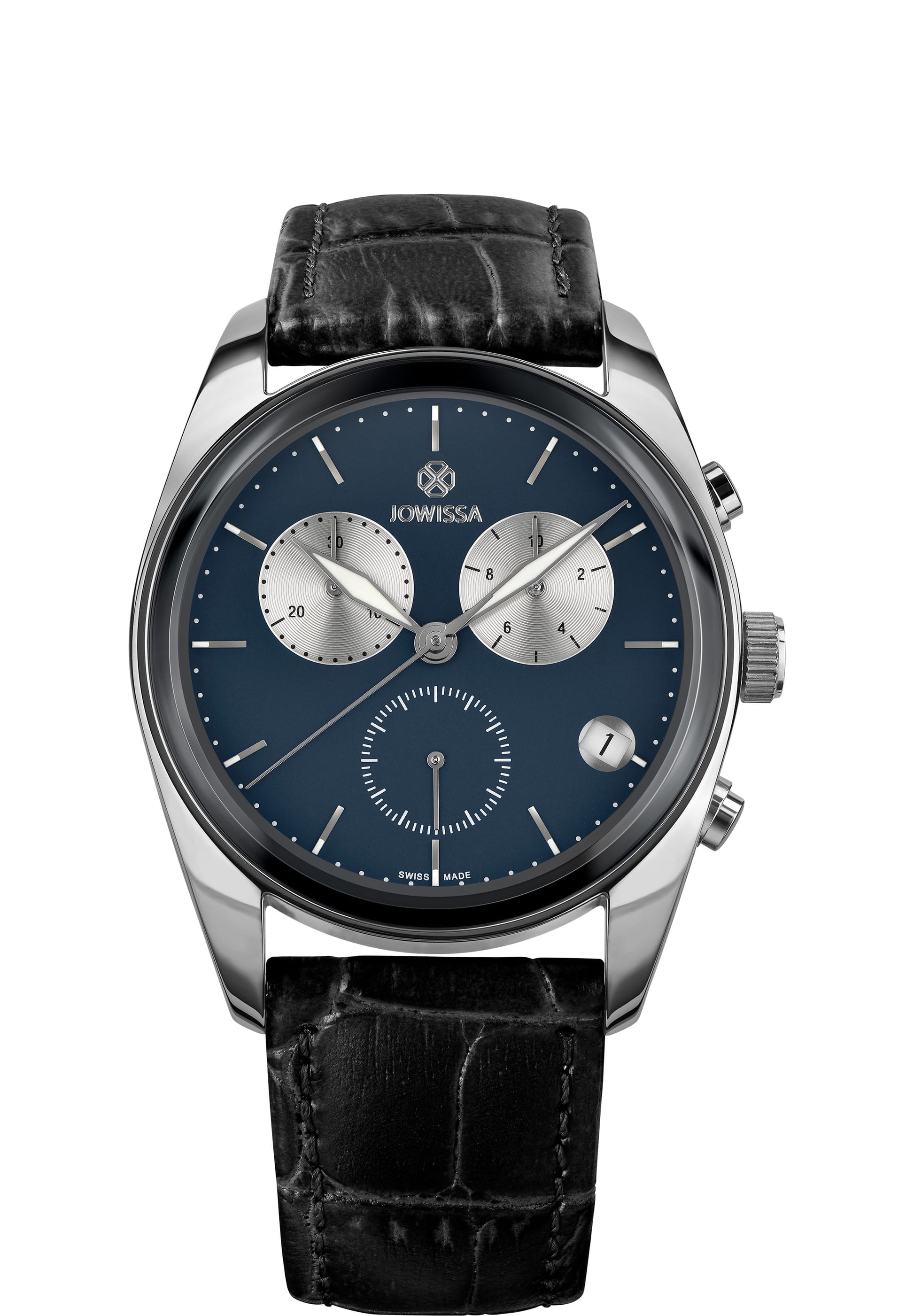 Black swiss watch for men - has black leather strap and blue dial - all swiss made watch for men