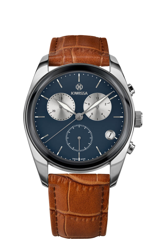 Brown swiss watch for men - has brown leather strap and blue dial - all swiss made watch for men