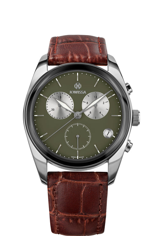 Brown swiss watch for men - has brown leather strap and green dial - all swiss made watch for men