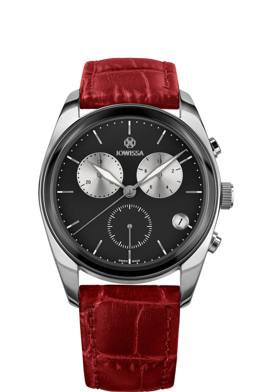 redswiss watch for men - has red leather strap and black dial - also has silver details in the front - all swiss made