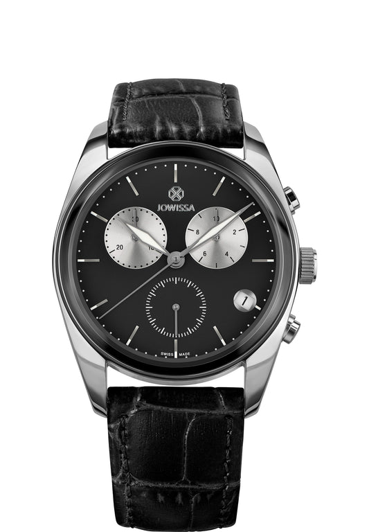 Black swiss watch for men - has black leather strap and black dial - all swiss made watch for men