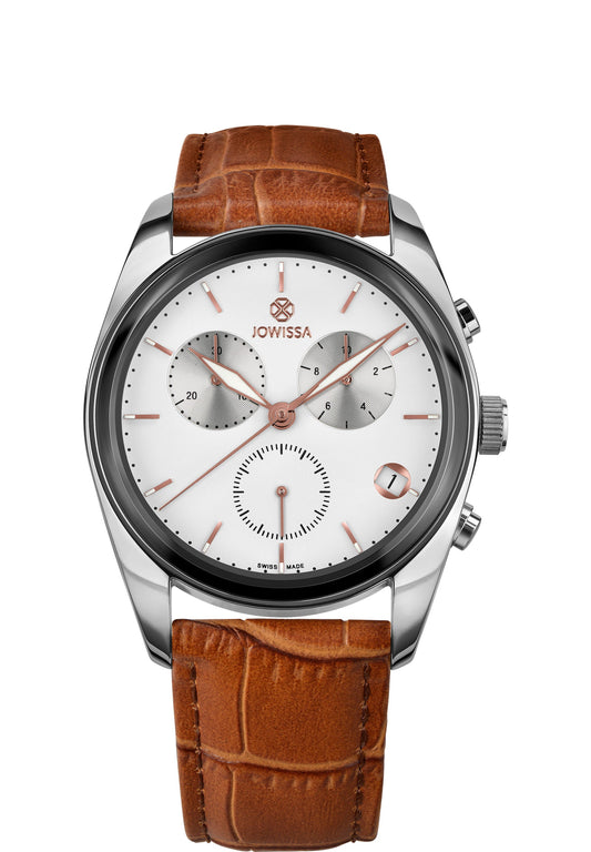 Brown swiss watch for men - has brown leather strap and white dial - all swiss made watch for men