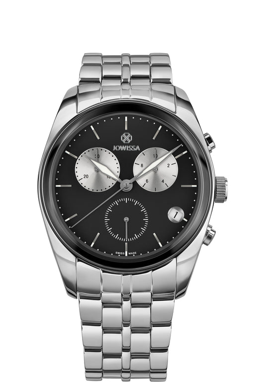 Silver swiss watch for men - has silver strap and black dial - all swiss made watch for men