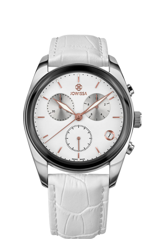 White swiss watch with white leather strap and white dial - the watch has gold details in the front - all swiss made