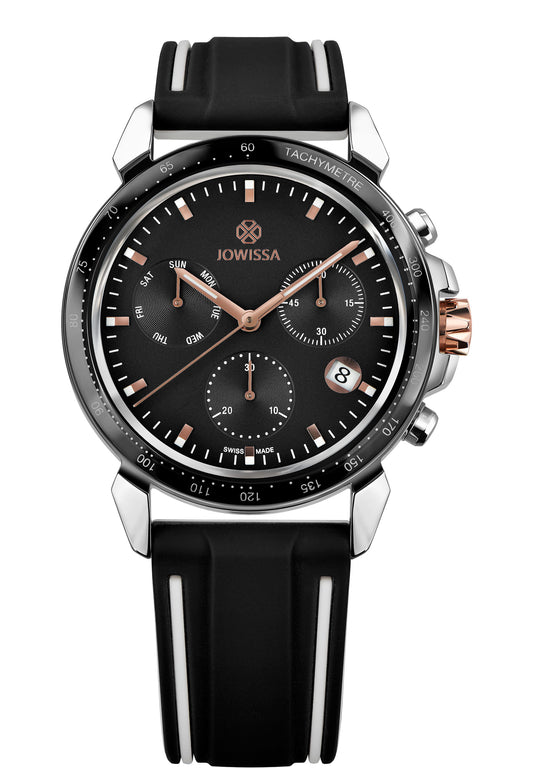 Black swiss watch for men - with black strap black dial and silver gold details in the front - all swiss made