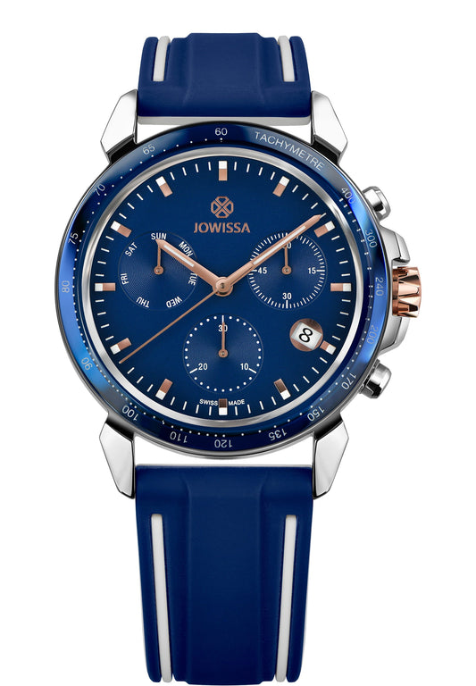 Blue swiss made watch for men - with blue strap and blue dial - with silver details in the front - all swiss made