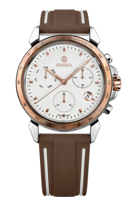 Brown swiss watch for men - with brown strap white dial and silver details in the front - all swiss made