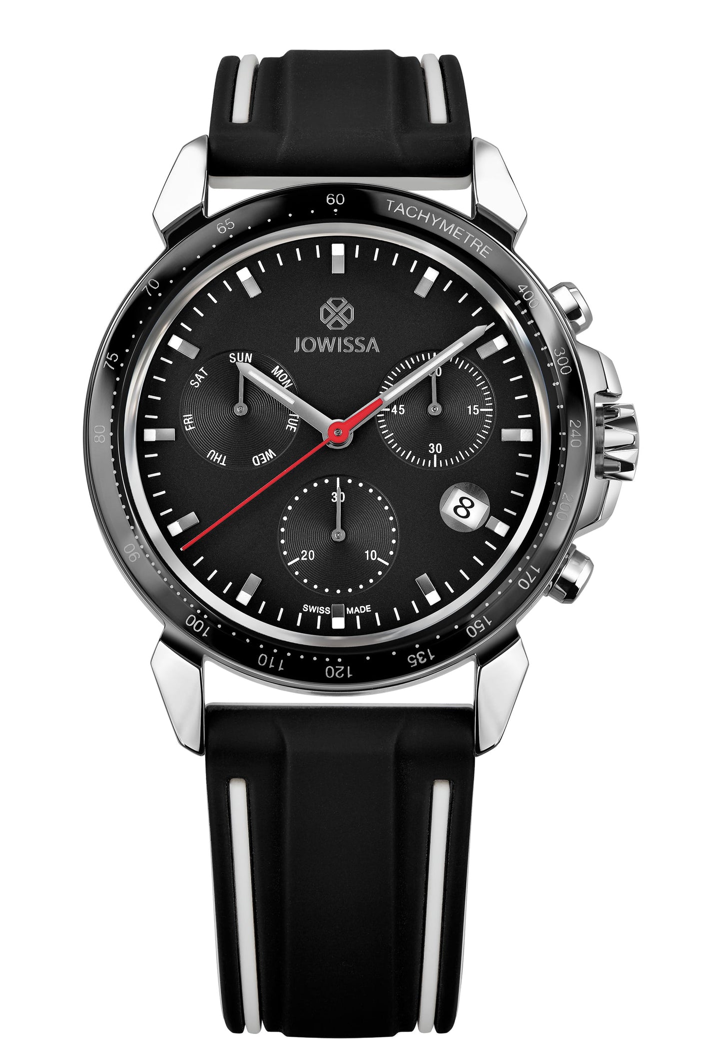 Black swiss watch for men - with black strap black dial and silver details in the front - all made in switzerland