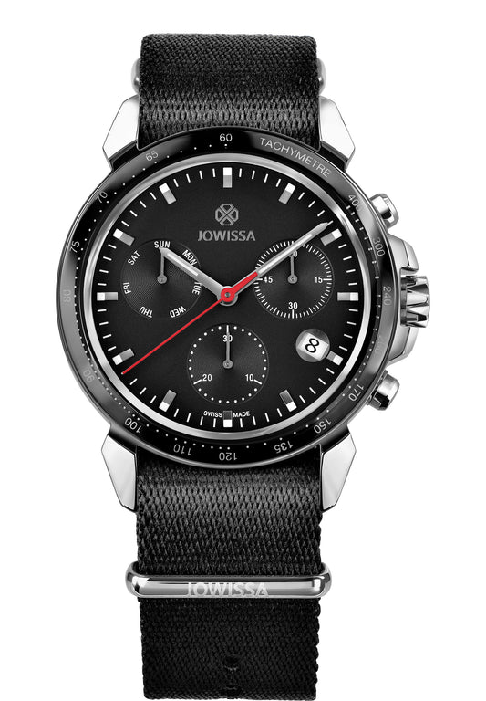 J7.123.L Black dial Men Watch Men's Swiss made Watches Swiss Men Watches black Men Watch black Nylon strip. Tachymeter, Date Display