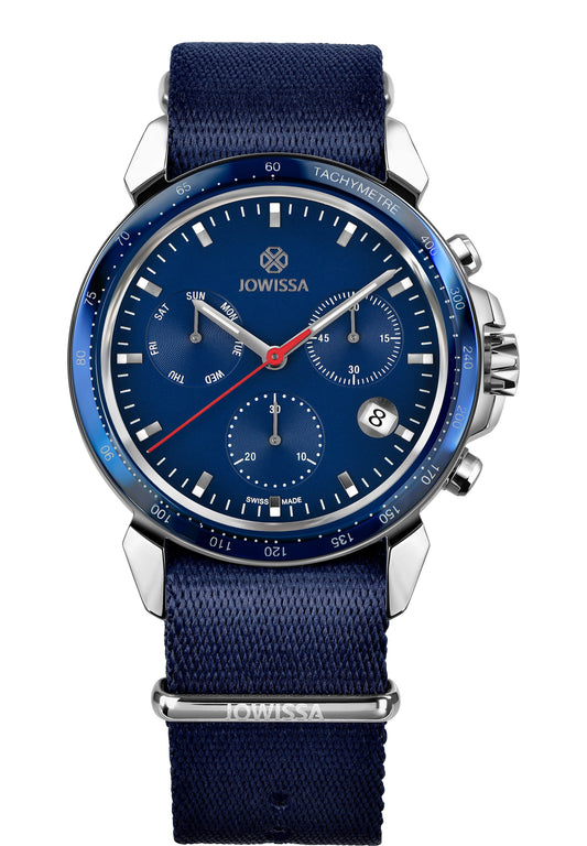 J7.124.L Blue dial Men Watch Men's Swiss made Watches Swiss Men Watches Blue Men Watch Blue Nylon strip. Tachymeter, Date Display