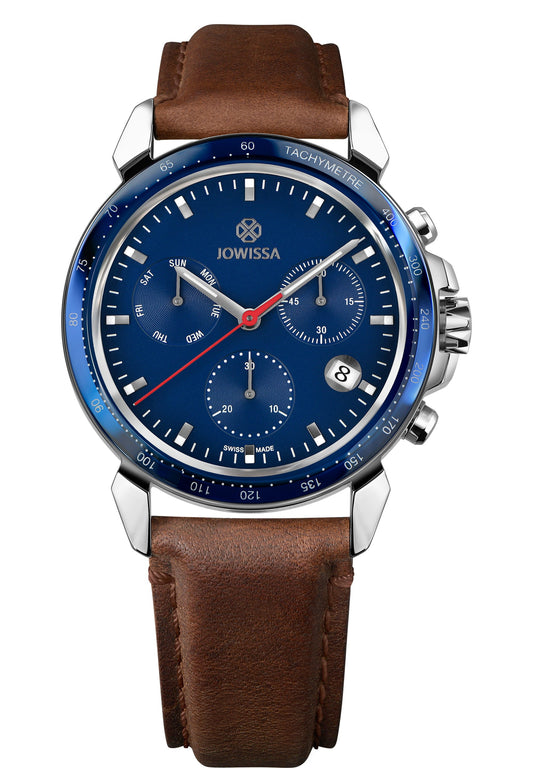 Brown swiss watch for gentlemen with brown leather strap and blue dial -has silver details in the front - all swiss made