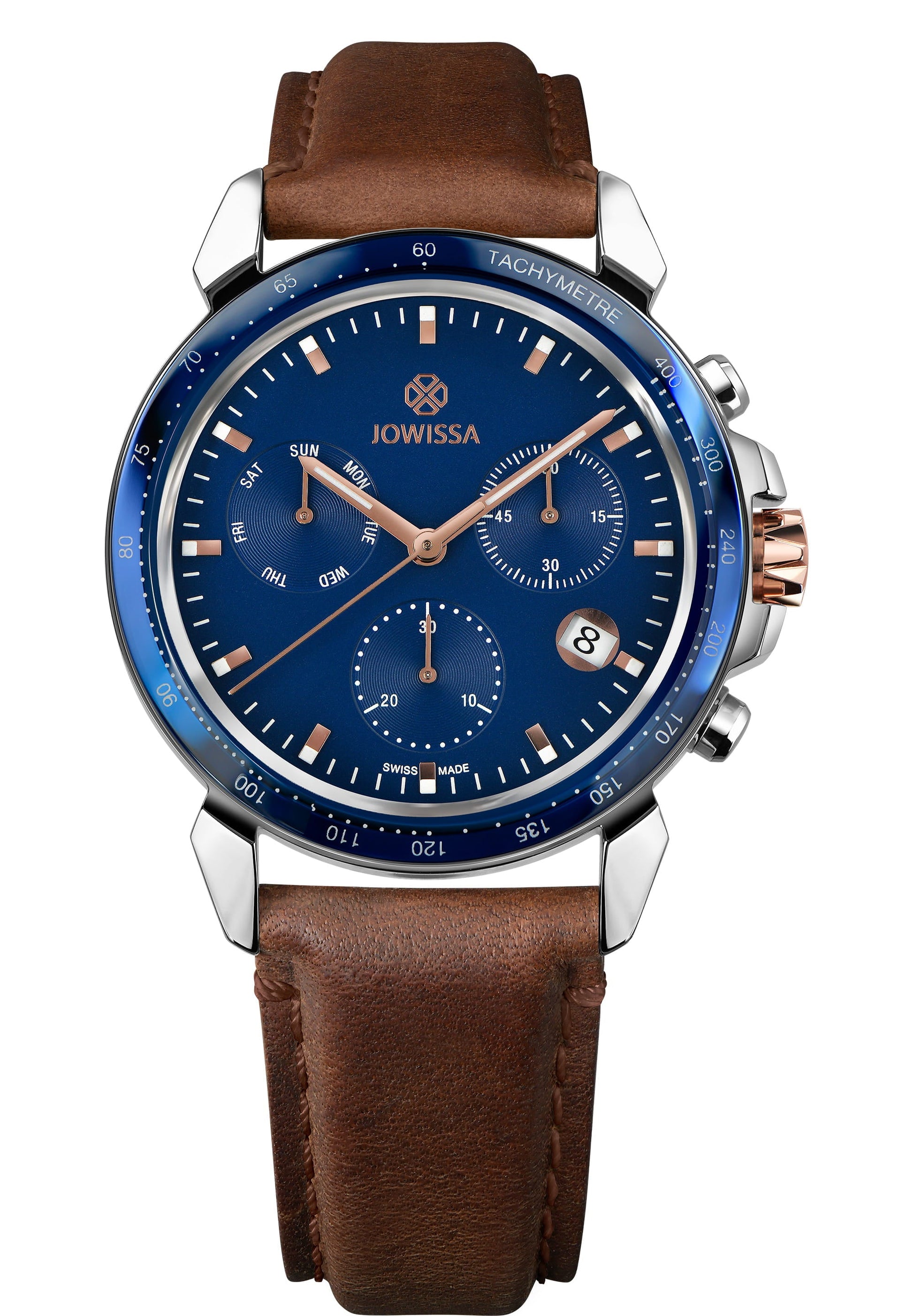 Brown swiss watch for men - has brown leather strap and blue dial - all swiss made