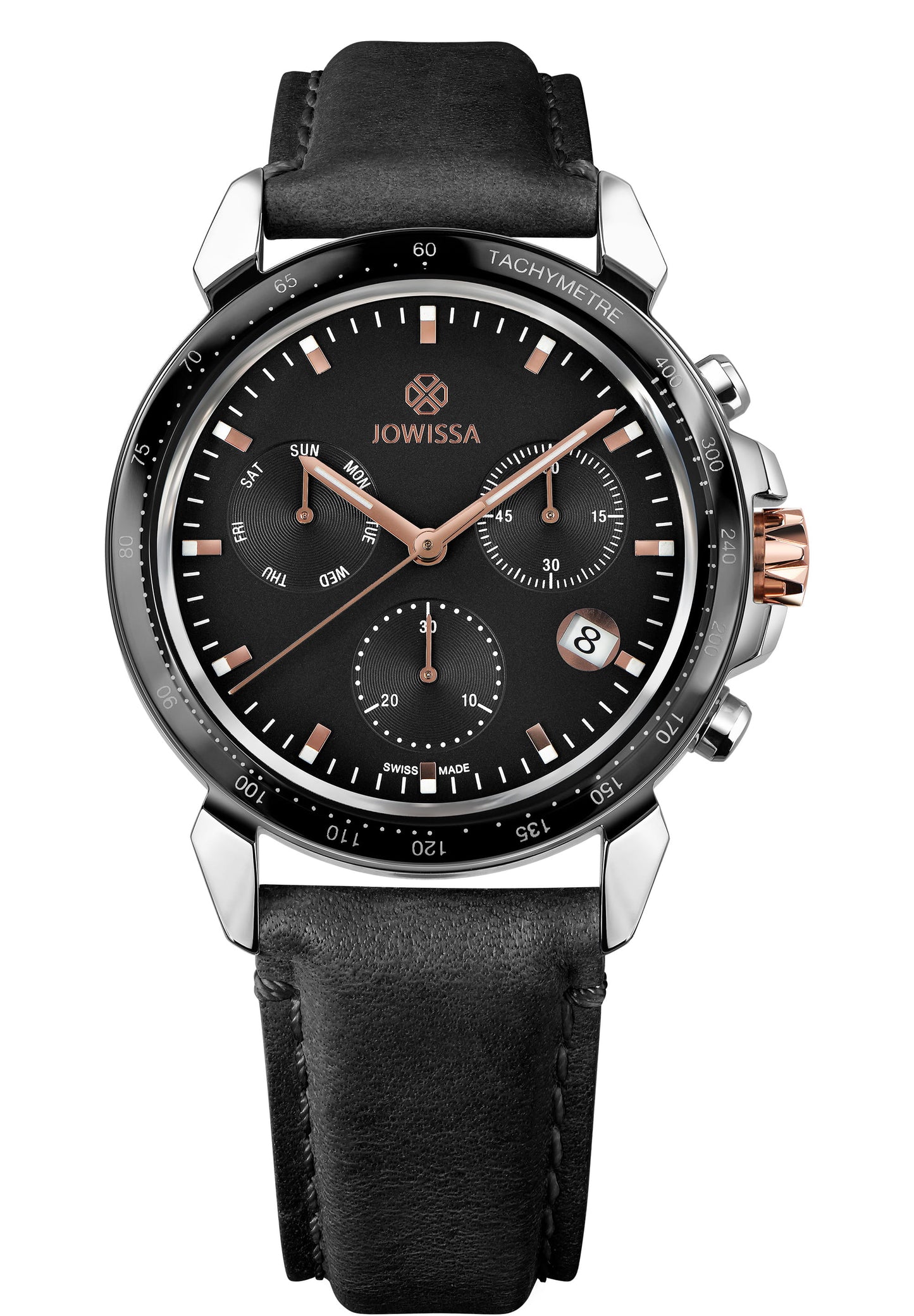 Black swiss watch for men - has black strap black dial and white details in the front - all swiss made