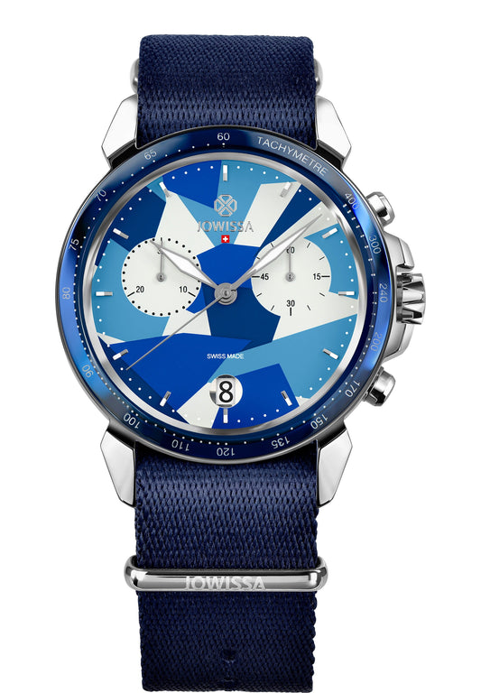 Blue watch for men - with blue strap blue dial and silver details in the front - mens watch all made in swiss