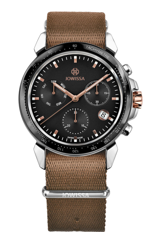 Brown swiss watch for men with brown strap and black dial - has brown white and black details in the front - all swiss made