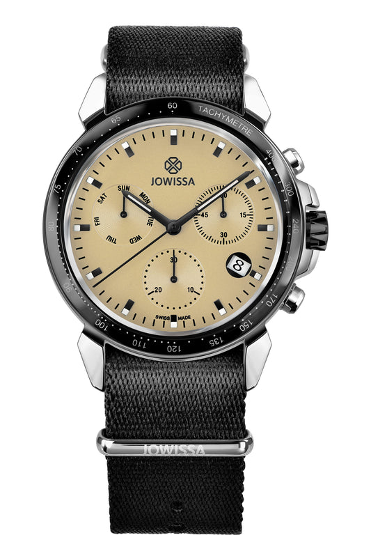 Black swiss watch for men with beige dial black and white details in the front  - all swiss made