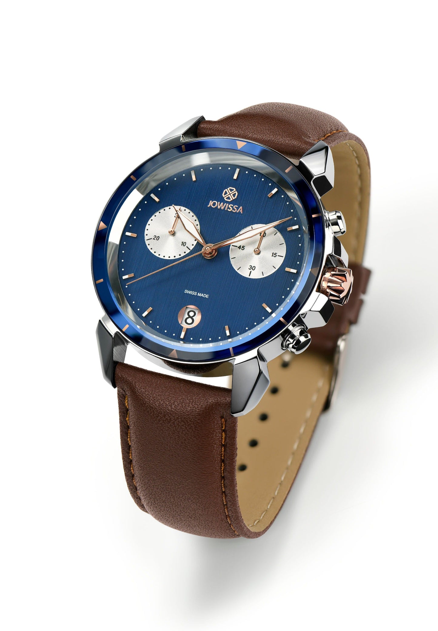 Brown watch with blue dial and brown leather strap made for men - made in switzerland