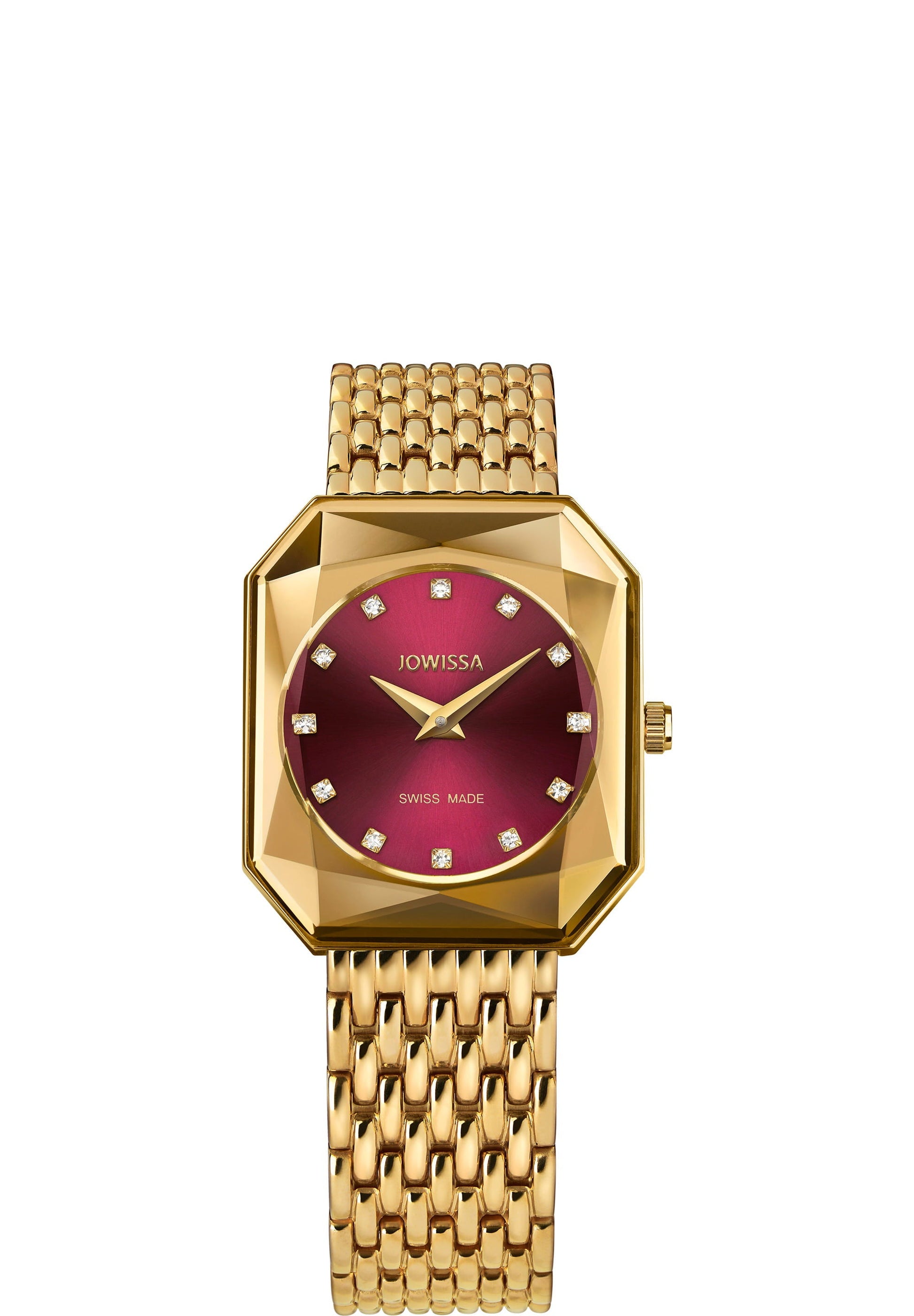 J8.082.M Red dial Womens Watch Red Women's Swiss made Watches Swiss Ladies Watches Red Ladies Watch Gold Mesh Band Special formed dial.