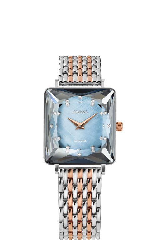 J8.101.M swiss womens watch with silver and gold details on the strap and blue dial - all swiss made watch for ladies