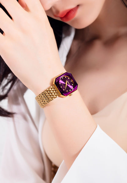 gold purple jowissa swiss made ladies watch with golden stainless steel bracelet. Modern womens fashion watch with a special rectangle form