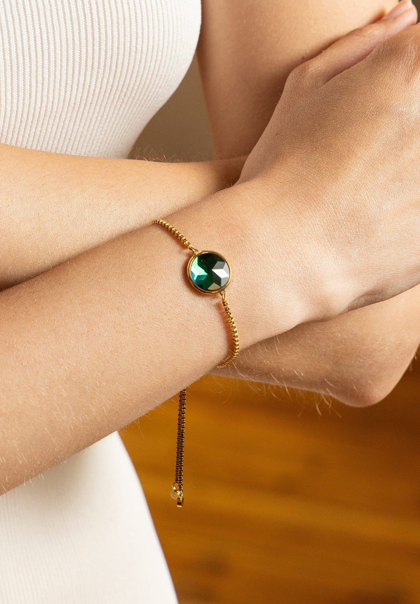 Gold jewelry bracelet with green stone by Jowissa. A perfect accessory bracelet that fits with Jowissa swiss made watch.